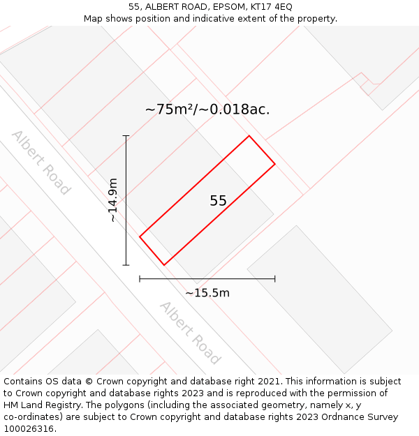 55, ALBERT ROAD, EPSOM, KT17 4EQ: Plot and title map