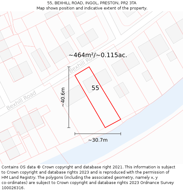 55, BEXHILL ROAD, INGOL, PRESTON, PR2 3TA: Plot and title map