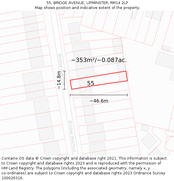 55, BRIDGE AVENUE, UPMINSTER, RM14 2LP: Plot and title map