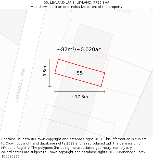 55, LEYLAND LANE, LEYLAND, PR26 8HA: Plot and title map