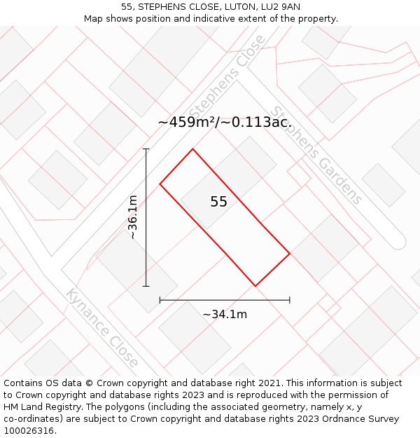 55, STEPHENS CLOSE, LUTON, LU2 9AN: Plot and title map