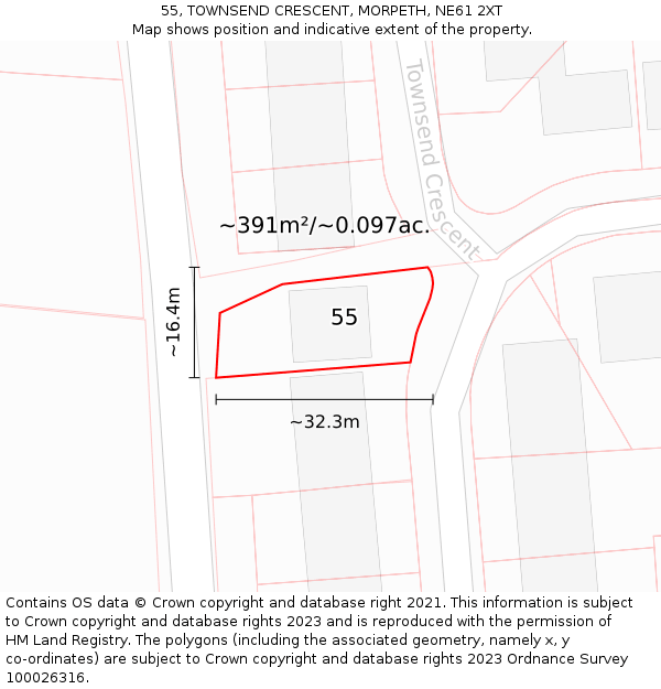 55, TOWNSEND CRESCENT, MORPETH, NE61 2XT: Plot and title map