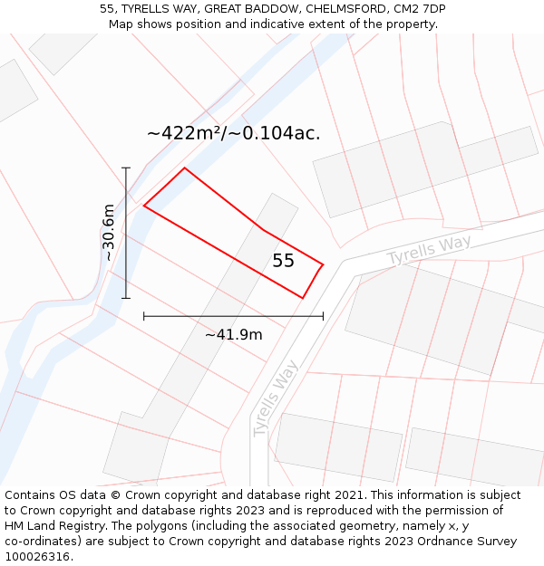 55, TYRELLS WAY, GREAT BADDOW, CHELMSFORD, CM2 7DP: Plot and title map