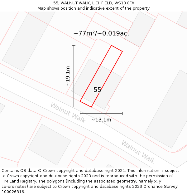 55, WALNUT WALK, LICHFIELD, WS13 8FA: Plot and title map