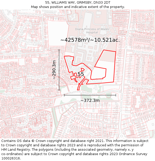 55, WILLIAMS WAY, GRIMSBY, DN33 2DT: Plot and title map