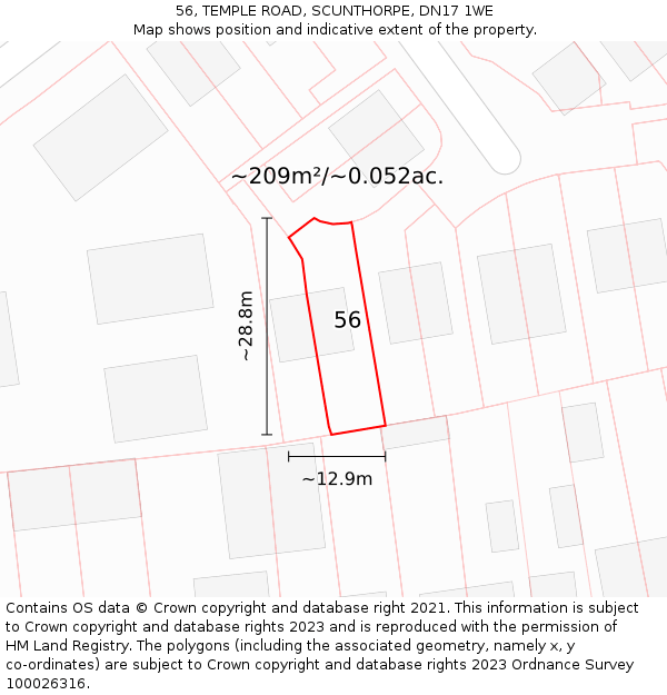 56, TEMPLE ROAD, SCUNTHORPE, DN17 1WE: Plot and title map