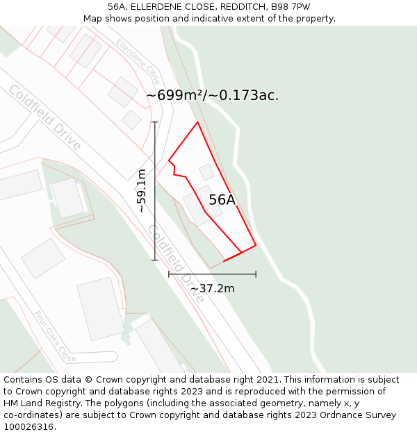 56A, ELLERDENE CLOSE, REDDITCH, B98 7PW: Plot and title map