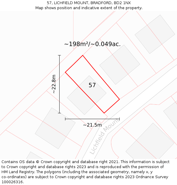 57, LICHFIELD MOUNT, BRADFORD, BD2 1NX: Plot and title map