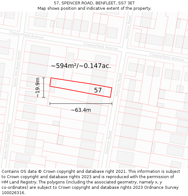 57, SPENCER ROAD, BENFLEET, SS7 3ET: Plot and title map