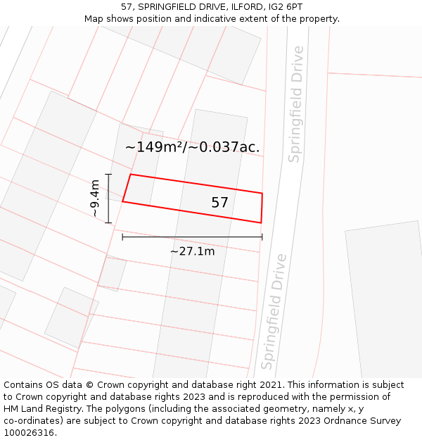 57, SPRINGFIELD DRIVE, ILFORD, IG2 6PT: Plot and title map