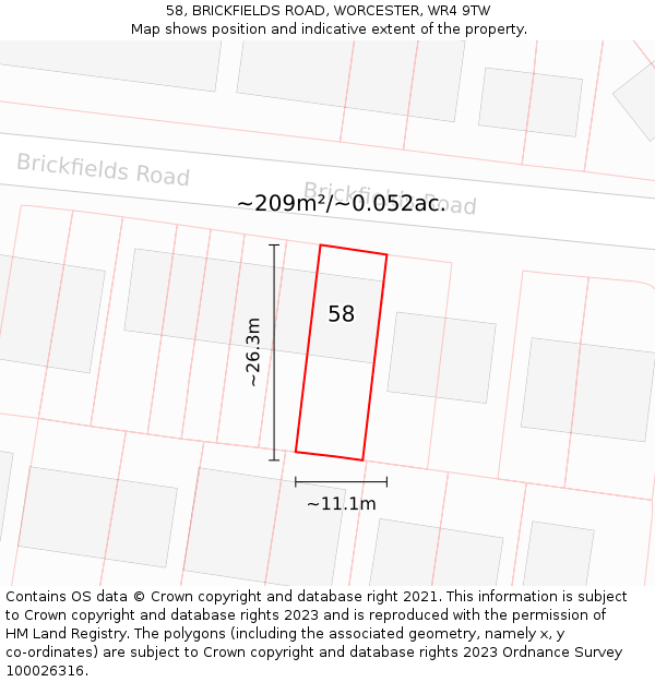 58, BRICKFIELDS ROAD, WORCESTER, WR4 9TW: Plot and title map