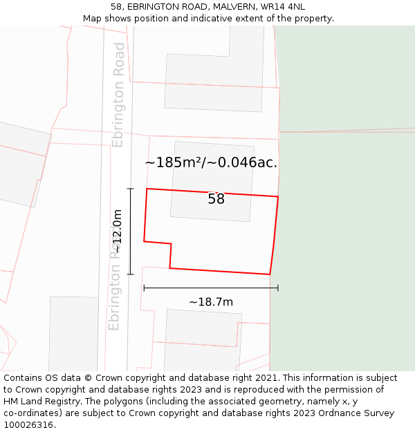 58, EBRINGTON ROAD, MALVERN, WR14 4NL: Plot and title map