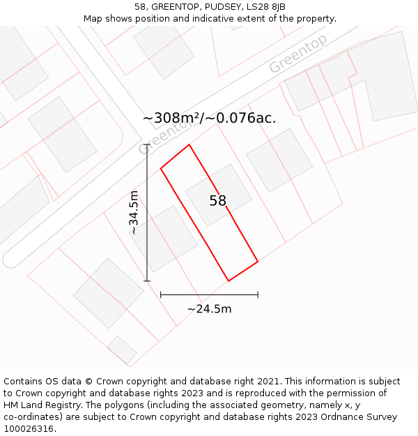58, GREENTOP, PUDSEY, LS28 8JB: Plot and title map