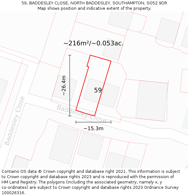 59, BADDESLEY CLOSE, NORTH BADDESLEY, SOUTHAMPTON, SO52 9DR: Plot and title map