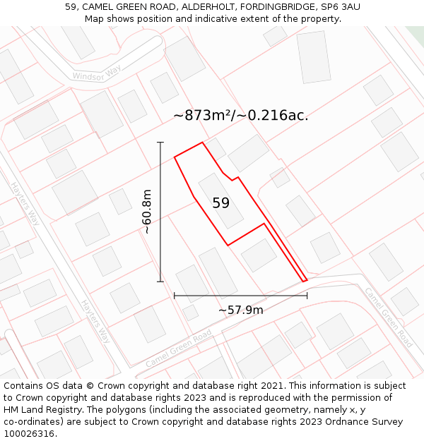 59, CAMEL GREEN ROAD, ALDERHOLT, FORDINGBRIDGE, SP6 3AU: Plot and title map