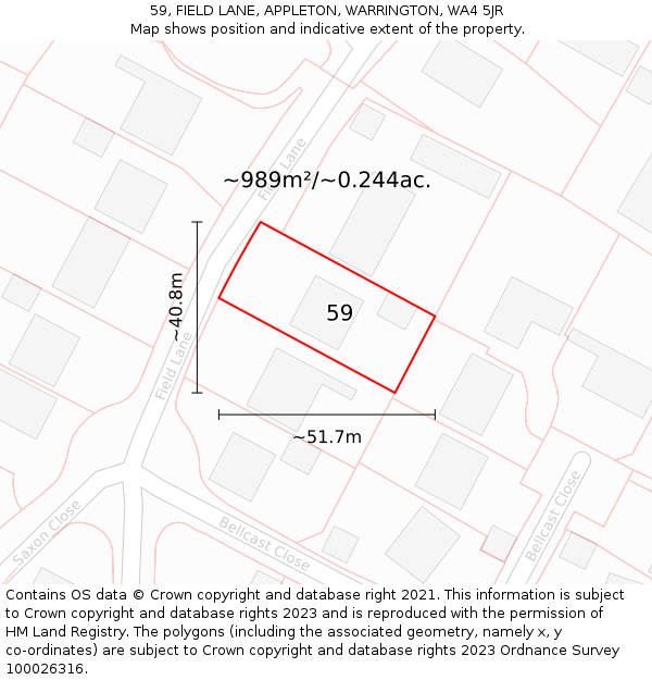 59, FIELD LANE, APPLETON, WARRINGTON, WA4 5JR: Plot and title map