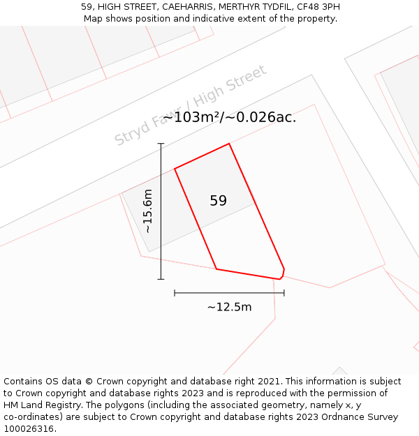59, HIGH STREET, CAEHARRIS, MERTHYR TYDFIL, CF48 3PH: Plot and title map