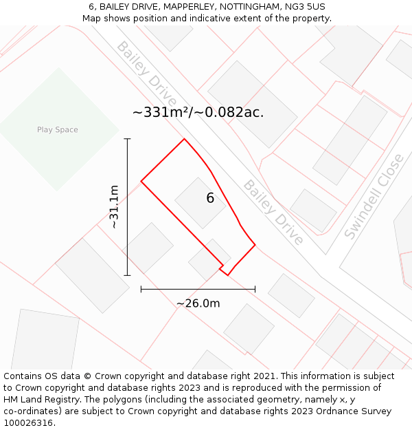 6, BAILEY DRIVE, MAPPERLEY, NOTTINGHAM, NG3 5US: Plot and title map