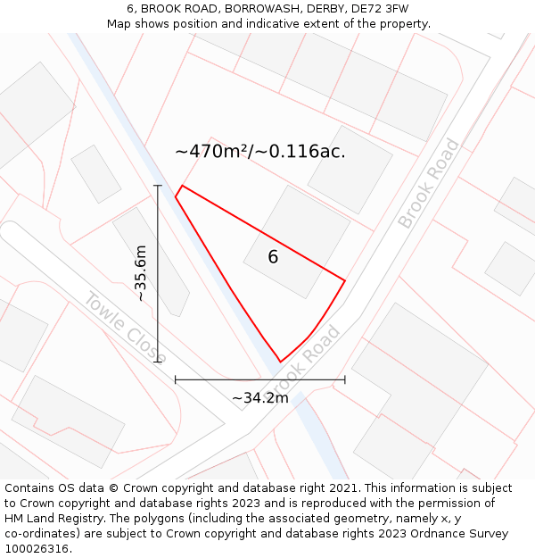 6, BROOK ROAD, BORROWASH, DERBY, DE72 3FW: Plot and title map