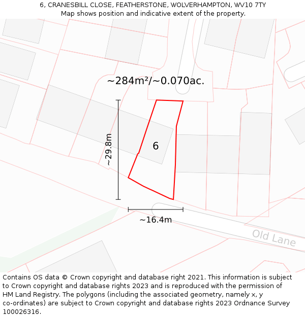 6, CRANESBILL CLOSE, FEATHERSTONE, WOLVERHAMPTON, WV10 7TY: Plot and title map
