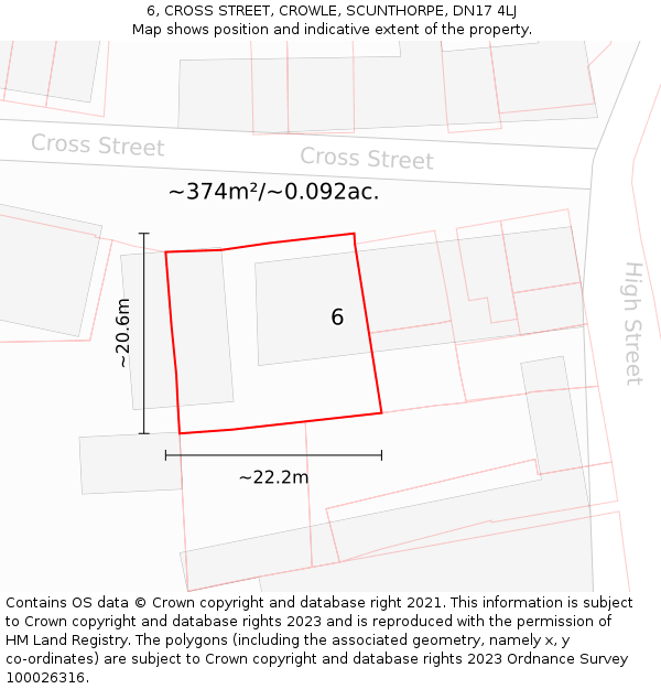 6, CROSS STREET, CROWLE, SCUNTHORPE, DN17 4LJ: Plot and title map