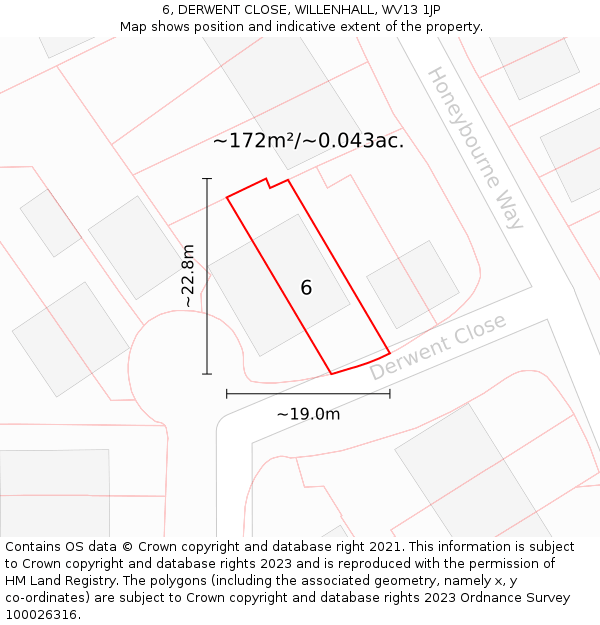 6, DERWENT CLOSE, WILLENHALL, WV13 1JP: Plot and title map