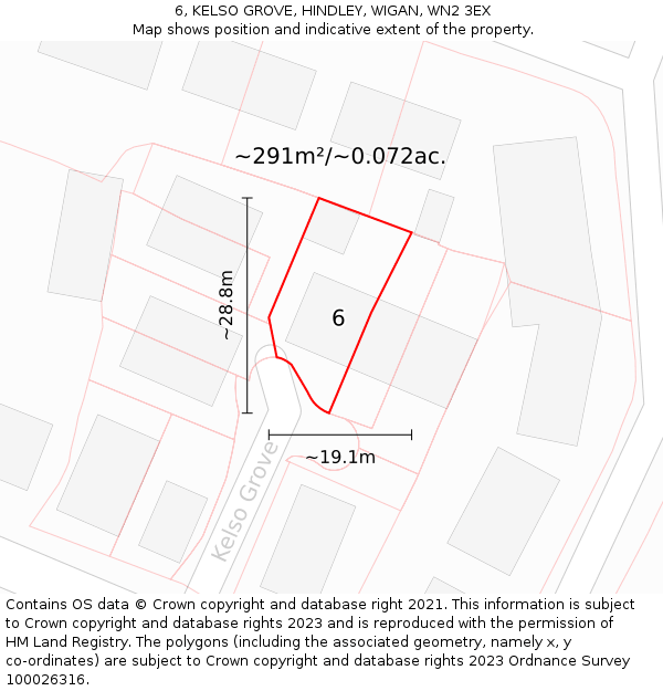 6, KELSO GROVE, HINDLEY, WIGAN, WN2 3EX: Plot and title map