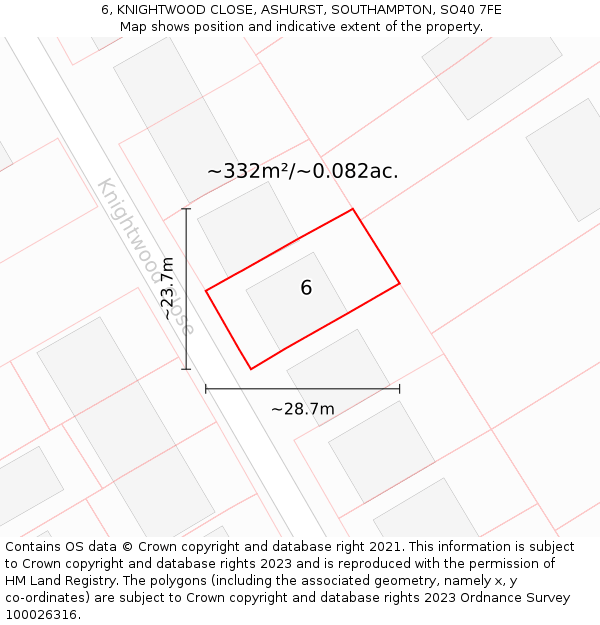6, KNIGHTWOOD CLOSE, ASHURST, SOUTHAMPTON, SO40 7FE: Plot and title map