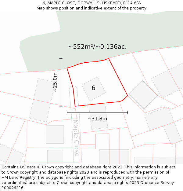 6, MAPLE CLOSE, DOBWALLS, LISKEARD, PL14 6FA: Plot and title map