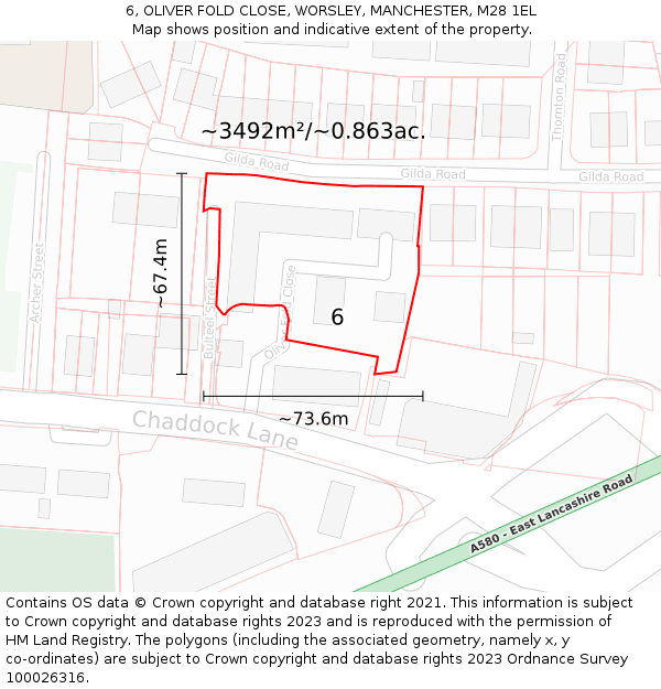 6, OLIVER FOLD CLOSE, WORSLEY, MANCHESTER, M28 1EL: Plot and title map