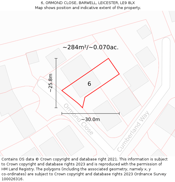 6, ORMOND CLOSE, BARWELL, LEICESTER, LE9 8LX: Plot and title map