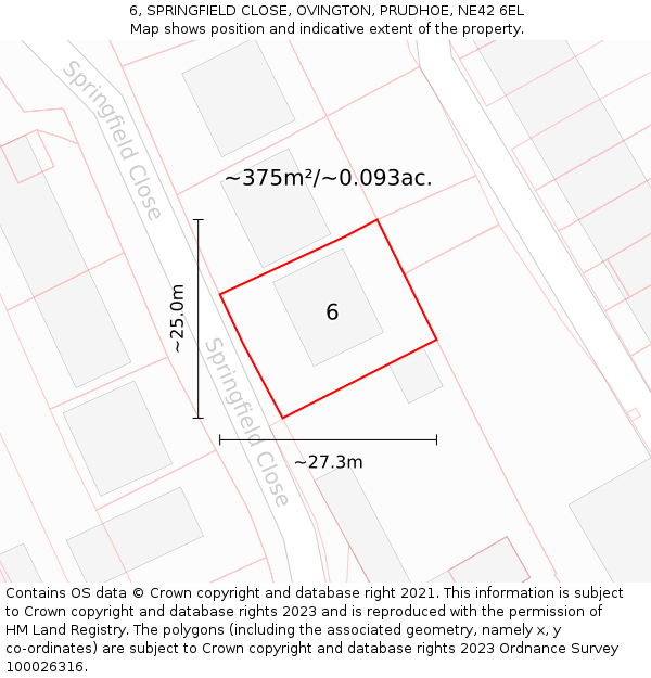 6, SPRINGFIELD CLOSE, OVINGTON, PRUDHOE, NE42 6EL: Plot and title map