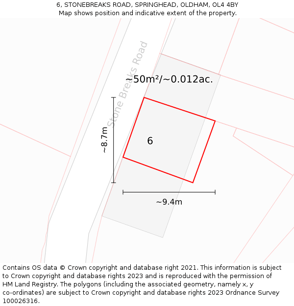 6, STONEBREAKS ROAD, SPRINGHEAD, OLDHAM, OL4 4BY: Plot and title map