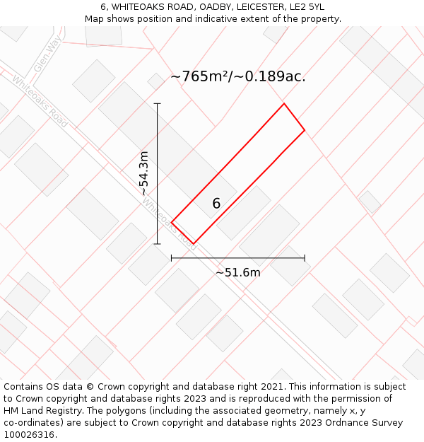6, WHITEOAKS ROAD, OADBY, LEICESTER, LE2 5YL: Plot and title map