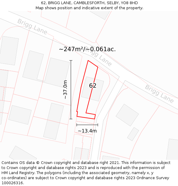 62, BRIGG LANE, CAMBLESFORTH, SELBY, YO8 8HD: Plot and title map