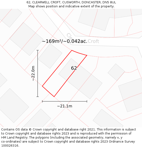 62, CLEARWELL CROFT, CUSWORTH, DONCASTER, DN5 8UL: Plot and title map