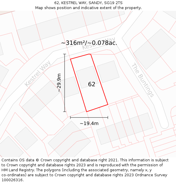 62, KESTREL WAY, SANDY, SG19 2TS: Plot and title map