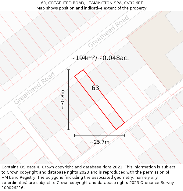 63, GREATHEED ROAD, LEAMINGTON SPA, CV32 6ET: Plot and title map