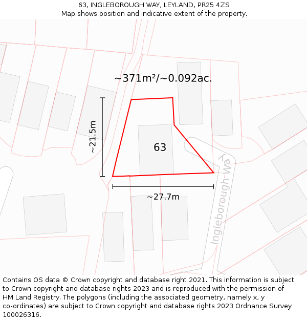 63, INGLEBOROUGH WAY, LEYLAND, PR25 4ZS: Plot and title map