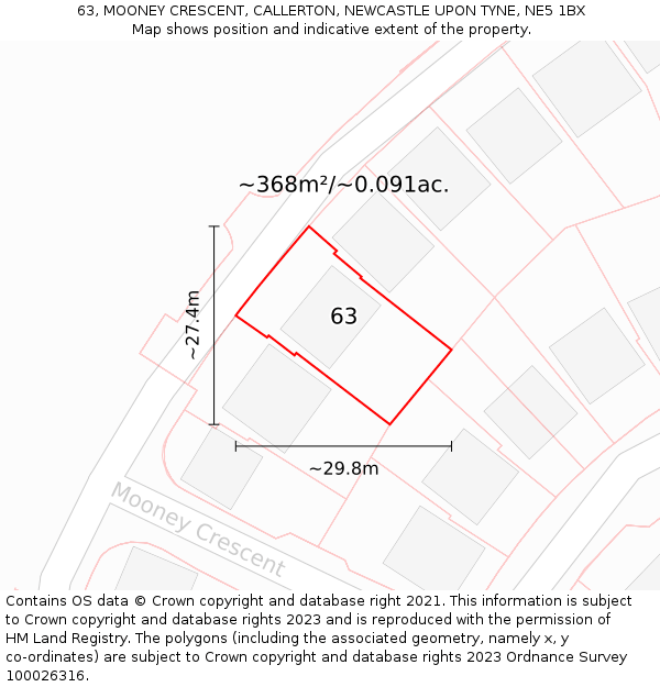 63, MOONEY CRESCENT, CALLERTON, NEWCASTLE UPON TYNE, NE5 1BX: Plot and title map