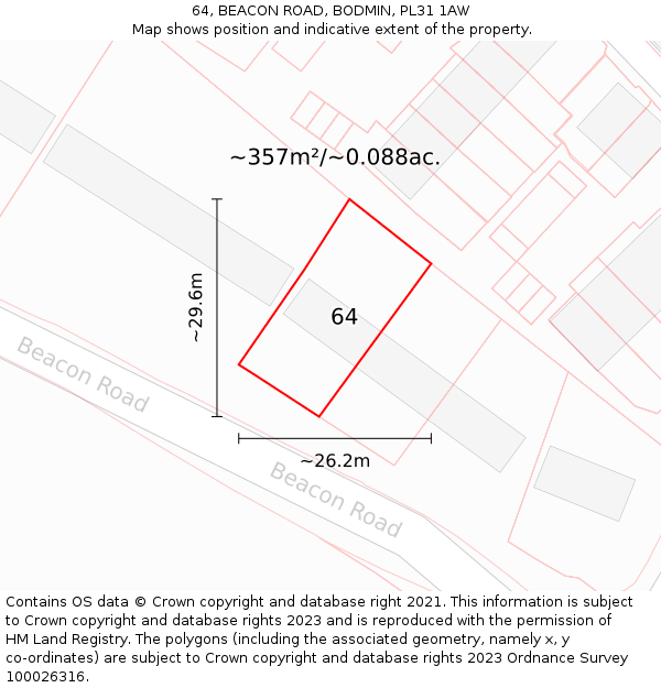 64, BEACON ROAD, BODMIN, PL31 1AW: Plot and title map