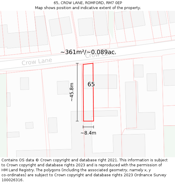 65, CROW LANE, ROMFORD, RM7 0EP: Plot and title map