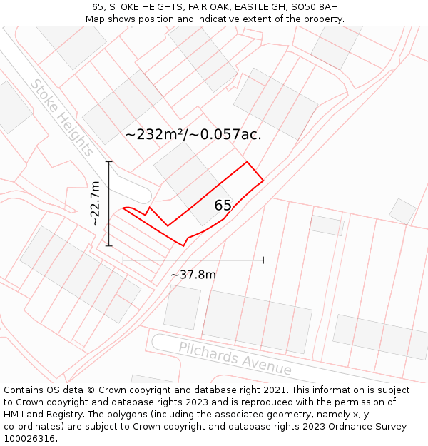 65, STOKE HEIGHTS, FAIR OAK, EASTLEIGH, SO50 8AH: Plot and title map
