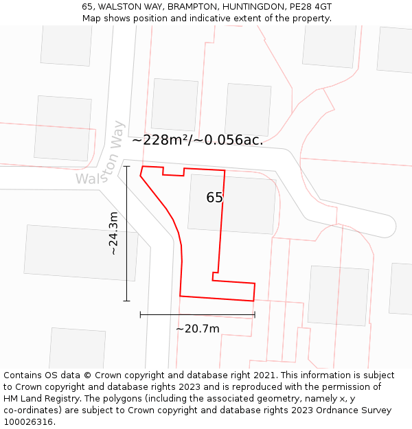 65, WALSTON WAY, BRAMPTON, HUNTINGDON, PE28 4GT: Plot and title map