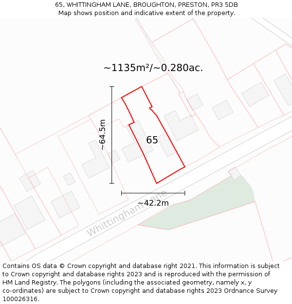 65, WHITTINGHAM LANE, BROUGHTON, PRESTON, PR3 5DB: Plot and title map