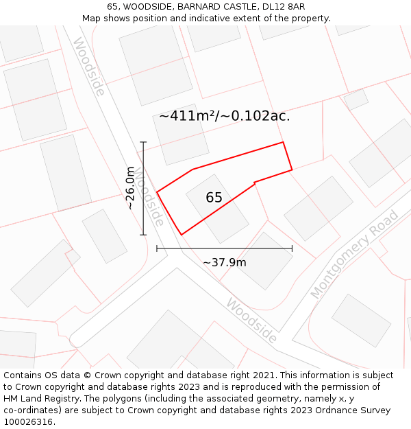 65, WOODSIDE, BARNARD CASTLE, DL12 8AR: Plot and title map