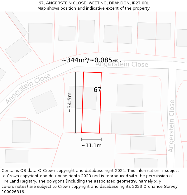 67, ANGERSTEIN CLOSE, WEETING, BRANDON, IP27 0RL: Plot and title map