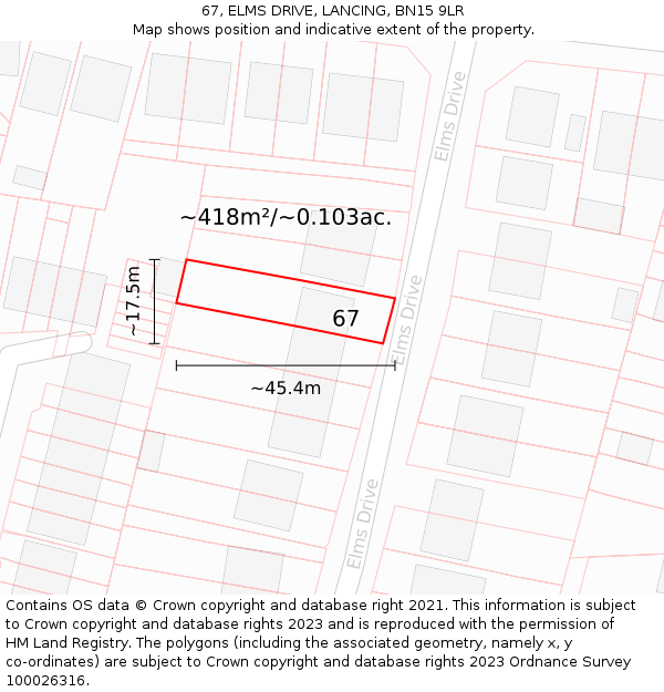 67, ELMS DRIVE, LANCING, BN15 9LR: Plot and title map