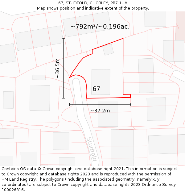 67, STUDFOLD, CHORLEY, PR7 1UA: Plot and title map