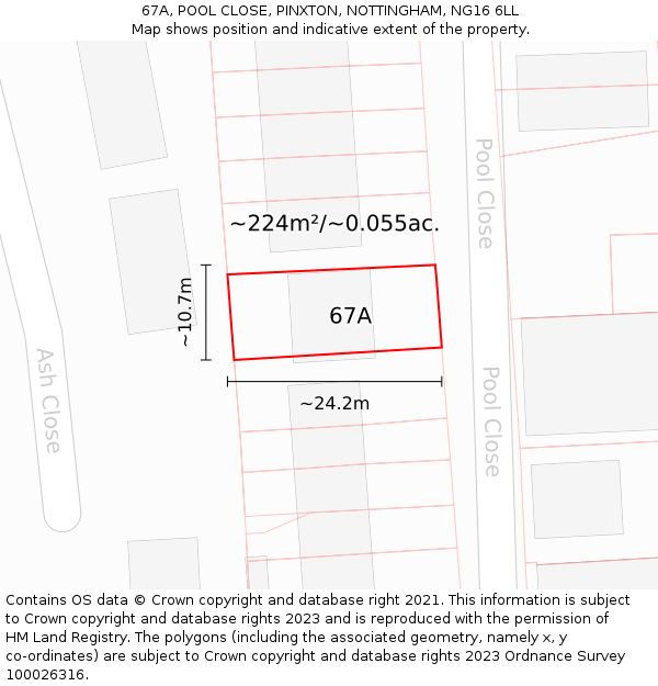 67A, POOL CLOSE, PINXTON, NOTTINGHAM, NG16 6LL: Plot and title map